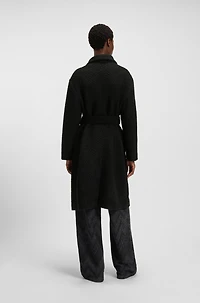 Bouclé coat with stand collar and belt