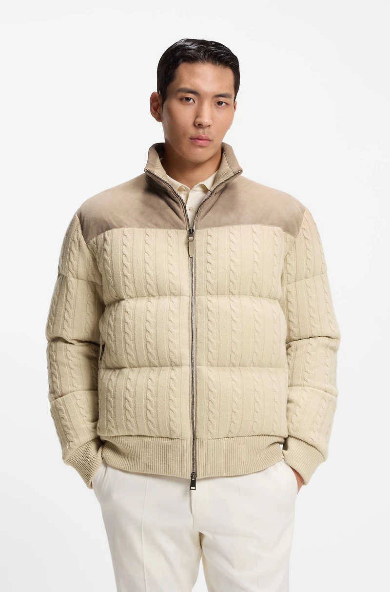 Suede-trim down jacket wool and cashmere