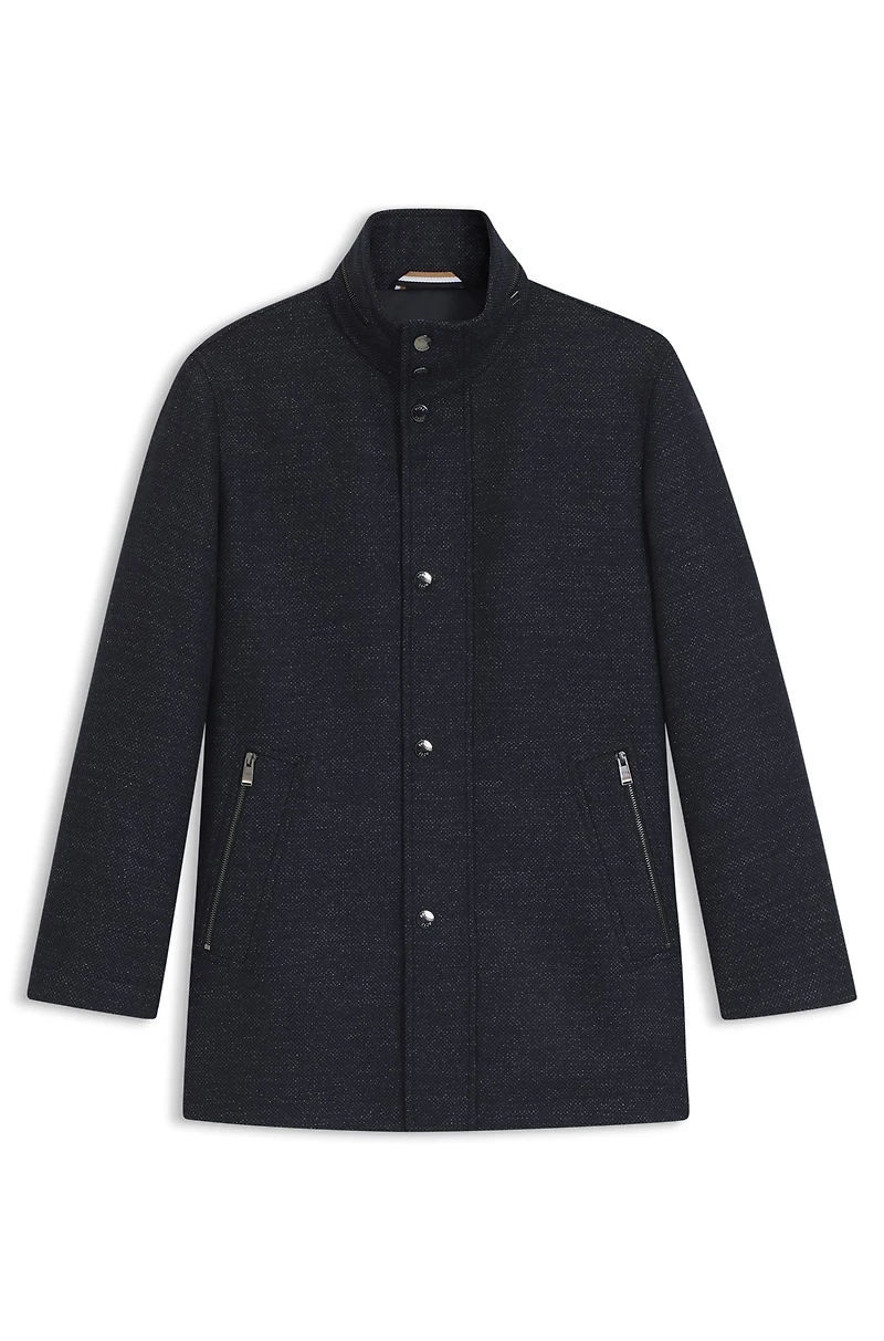 Relaxed-fit wool-blend coat with packable hood