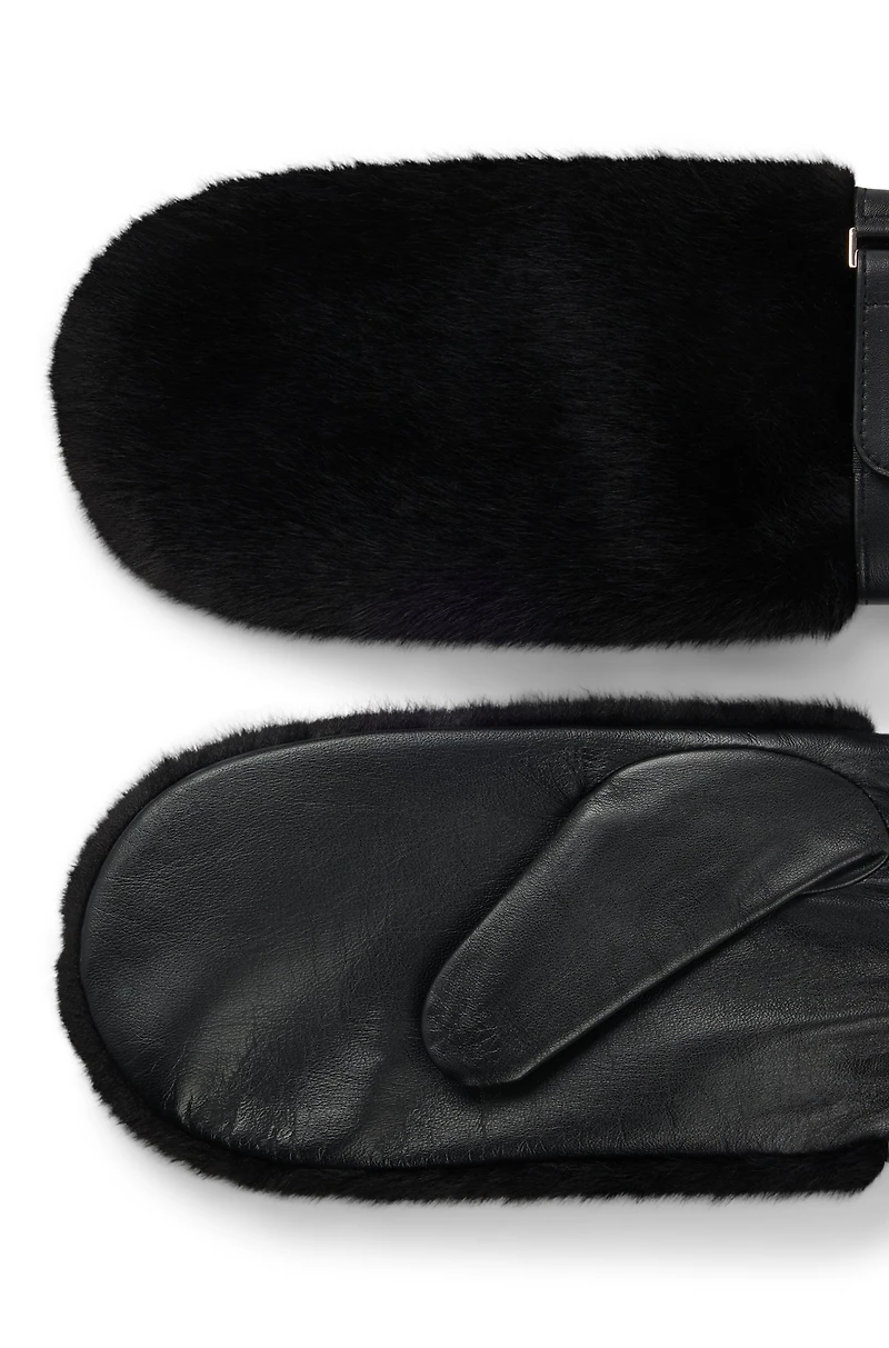 Leather mittens with faux-fur trim