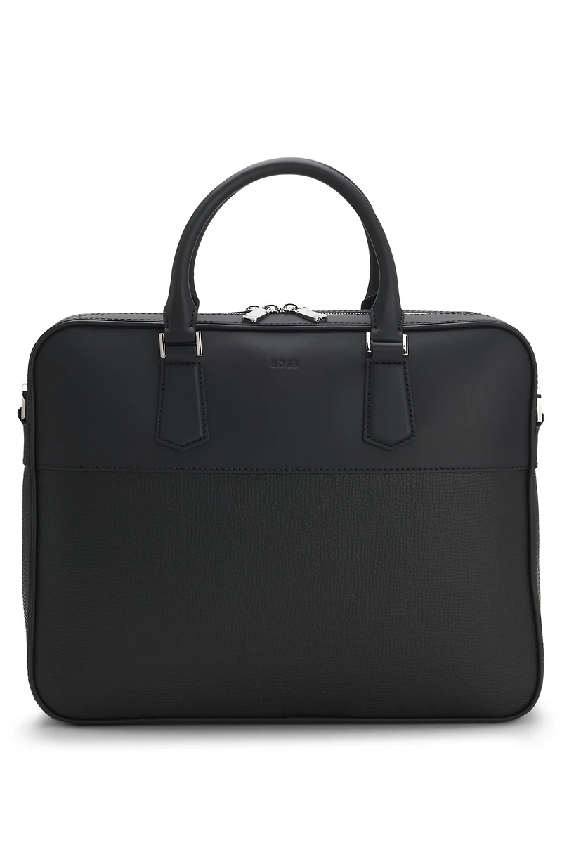 Leather document case with grained and plain finishes