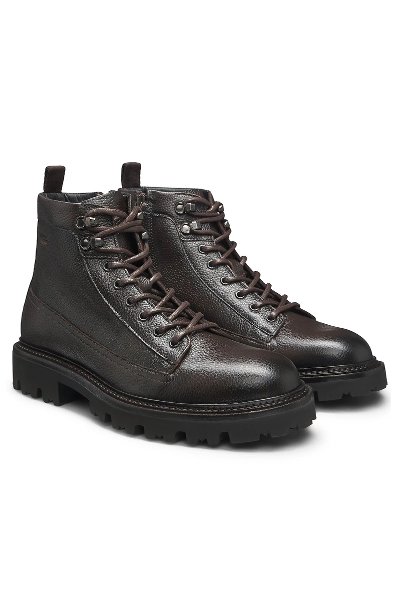 Grained-leather half boots with hiking-style laces