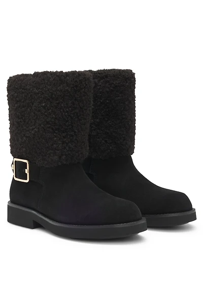 Suede biker boots with faux-fur trim