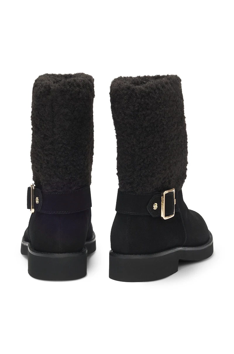 Suede biker boots with faux-fur trim