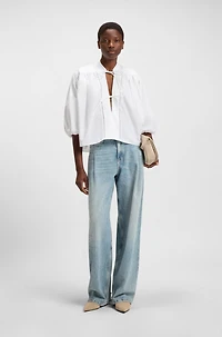 Relaxed-fit blouse cotton poplin with tie neckline
