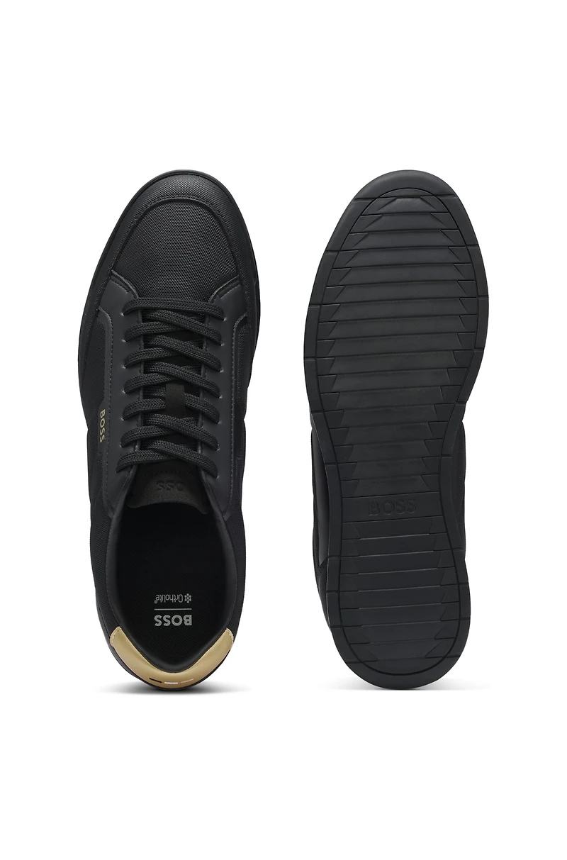 Fabric-upper trainers with faux-leather trims