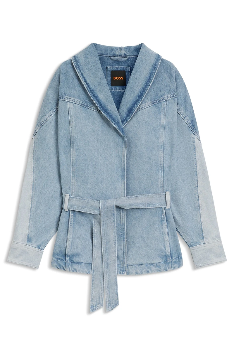 Peplum-hem jacket blue rigid denim with belt