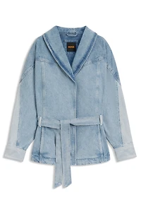 Peplum-hem jacket blue rigid denim with belt