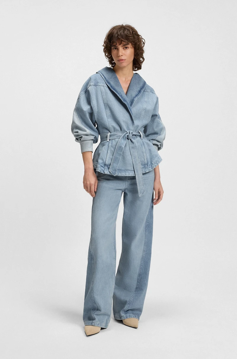 Peplum-hem jacket blue rigid denim with belt