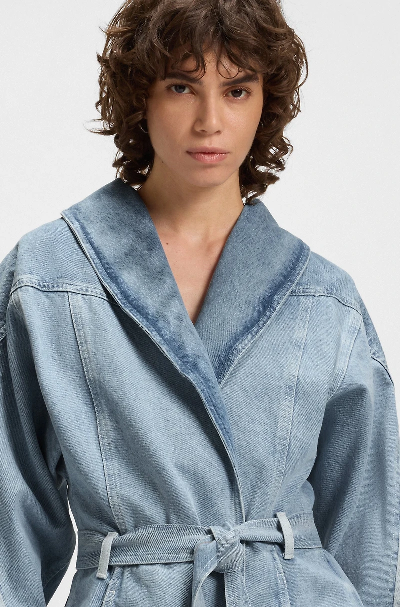 Peplum-hem jacket blue rigid denim with belt