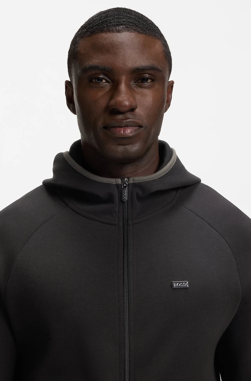 Contrast-binding zip-up hoodie a cotton blend