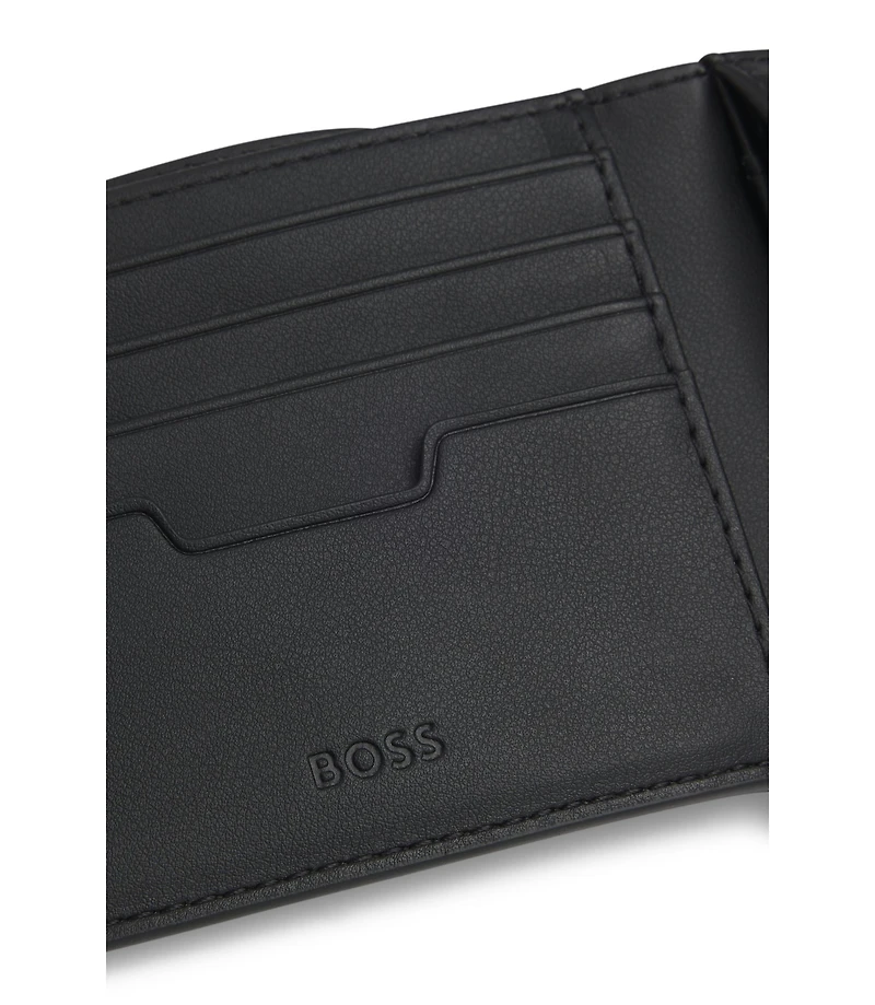 Billfold wallet with silver-tone logo and coin pocket