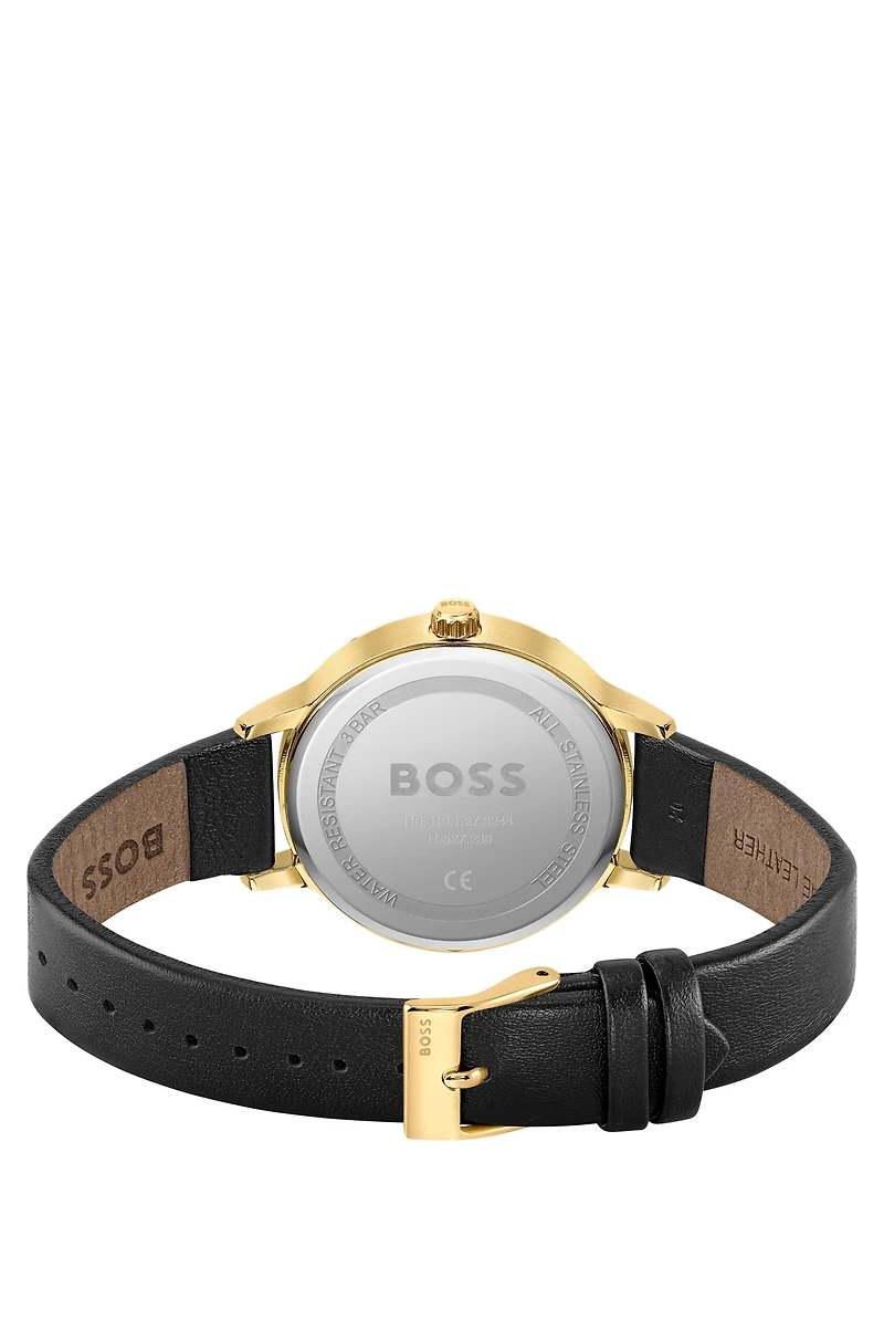 Leather-strap watch with brushed black dial