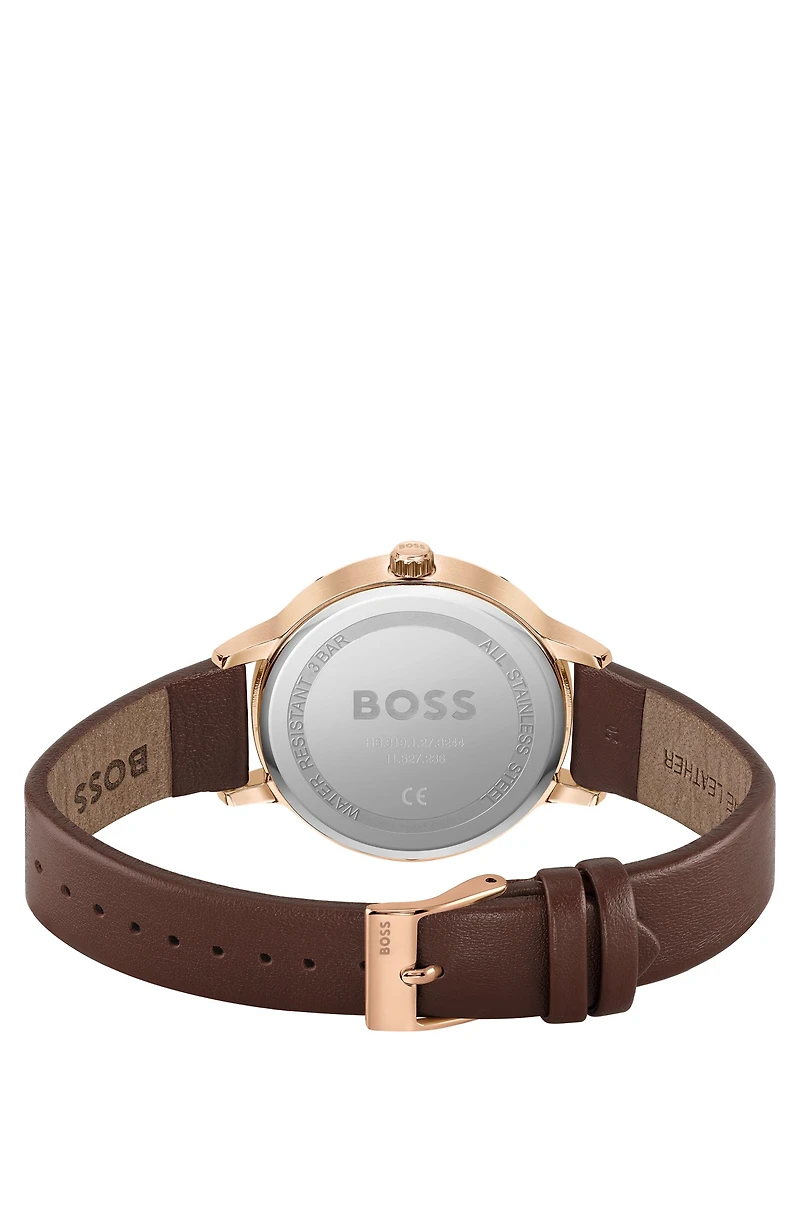 Leather-strap watch with silver-white dial