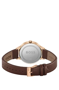 Leather-strap watch with silver-white dial