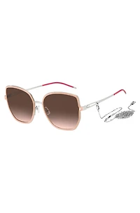 Nude-frame sunglasses with forked temples and branded chain