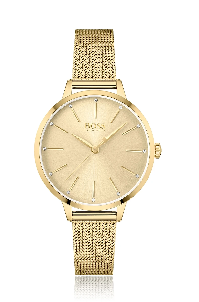Gold-toned mesh bracelet watch with crystal accents