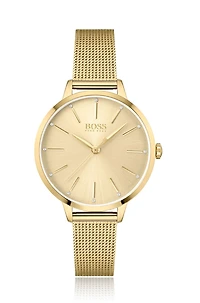 Gold-toned mesh bracelet watch with crystal accents