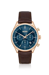 Gold-tone chronograph watch with brown leather strap