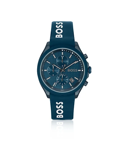 Blue-plated chronograph watch with blue silicone strap