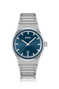 Blue-dial watch with stainless-steel link bracelet