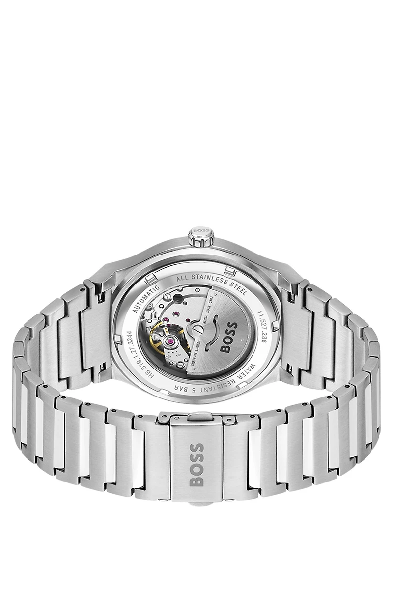 Link-bracelet automatic watch with groove-textured dial
