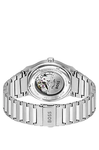 Link-bracelet automatic watch with groove-textured dial
