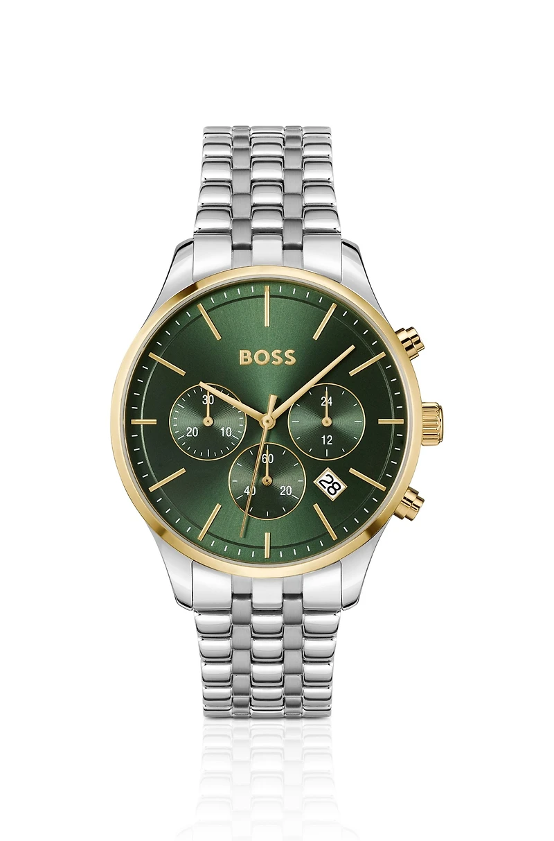 Multi-link-bracelet chronograph watch with green dial
