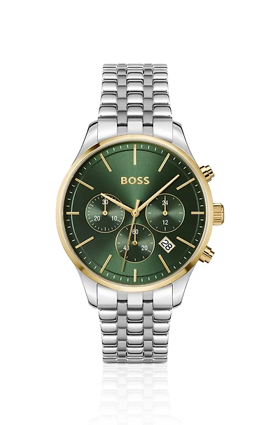 Multi-link-bracelet chronograph watch with green dial