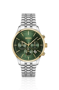 Multi-link-bracelet chronograph watch with green dial