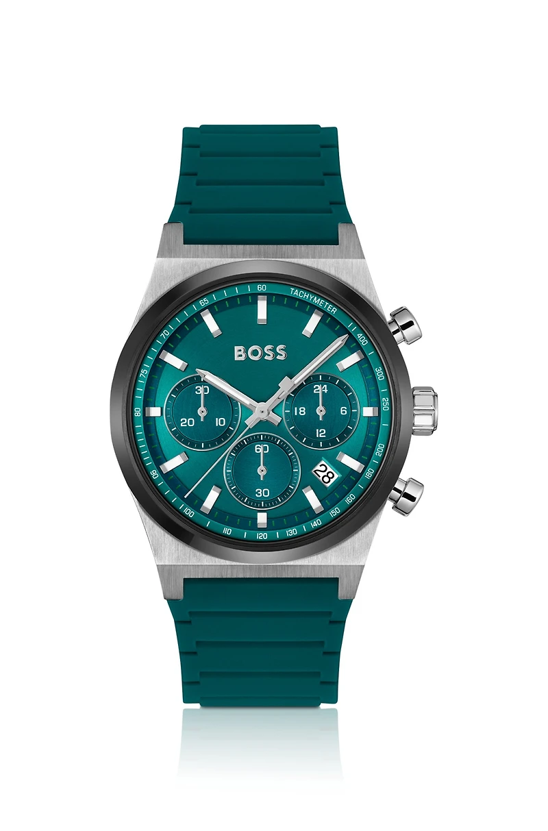 Silicone-strap chronograph watch with green dial