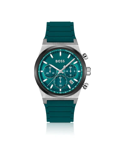 Green-dial chronograph watch with silicone strap