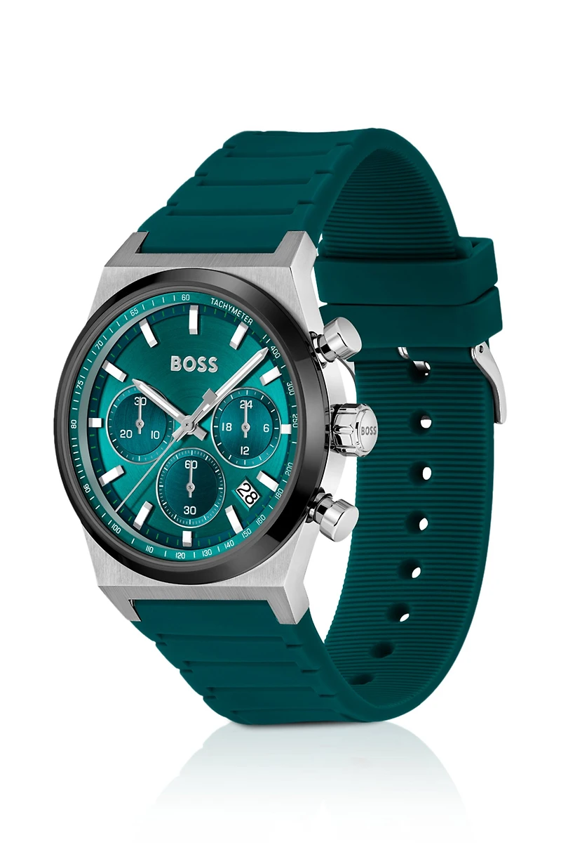 Silicone-strap chronograph watch with green dial