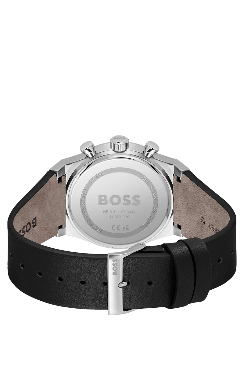 Silver-tone chronograph watch with black leather strap