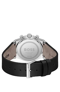 Silver-tone chronograph watch with black leather strap
