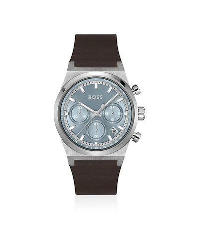 Silver-tone chronograph watch with brown leather strap