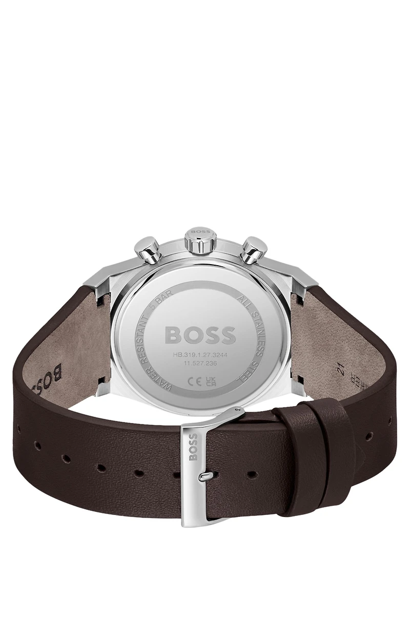 Silver-tone chronograph watch with brown leather strap
