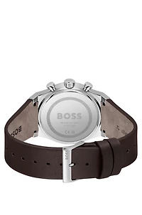 Silver-tone chronograph watch with brown leather strap