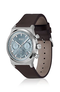 Silver-tone chronograph watch with brown leather strap