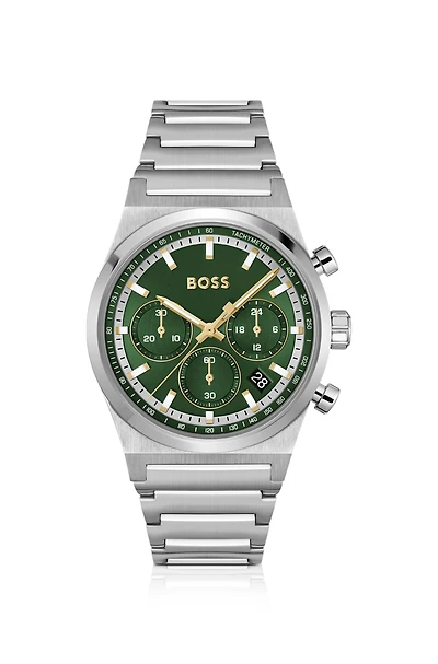 Green-dial chronograph watch in silver-tone steel