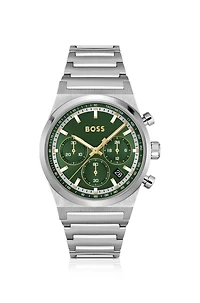 Green-dial chronograph watch in silver-tone steel