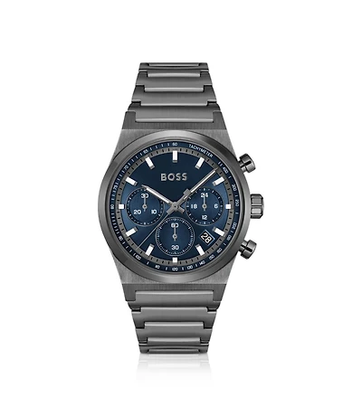 Blue-dial chronograph watch in grey-plated steel
