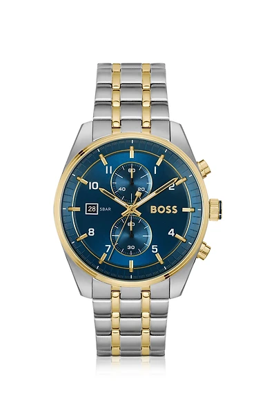 Two-tone chronograph watch with blue dial