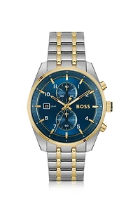 Two-tone chronograph watch with blue dial