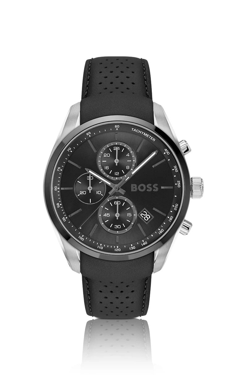 Black-plated chronograph watch with gray leather strap