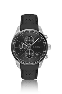 Black-plated chronograph watch with gray leather strap