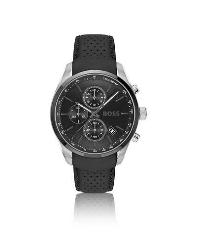 Leather-strap chronograph watch with black dial