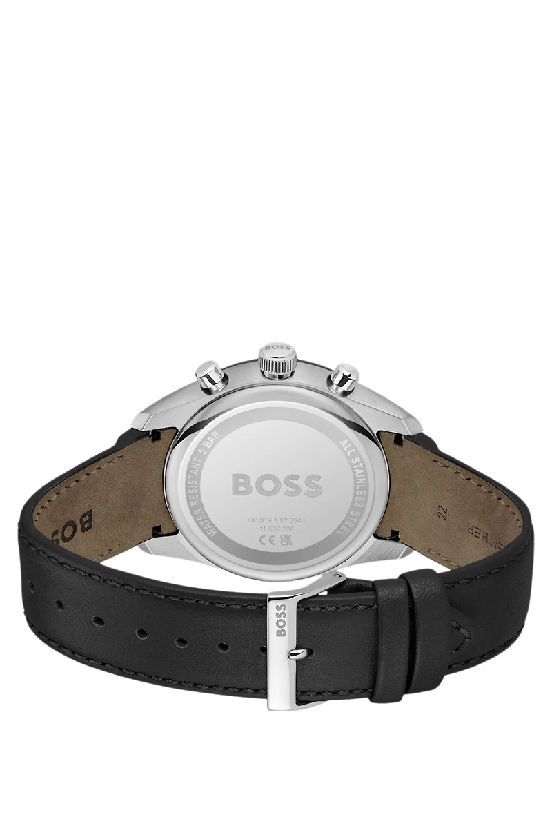 Black-plated chronograph watch with gray leather strap