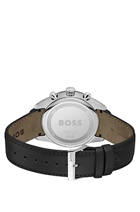 Black-plated chronograph watch with gray leather strap