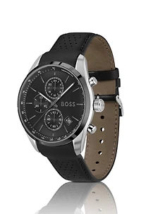 Black-plated chronograph watch with gray leather strap
